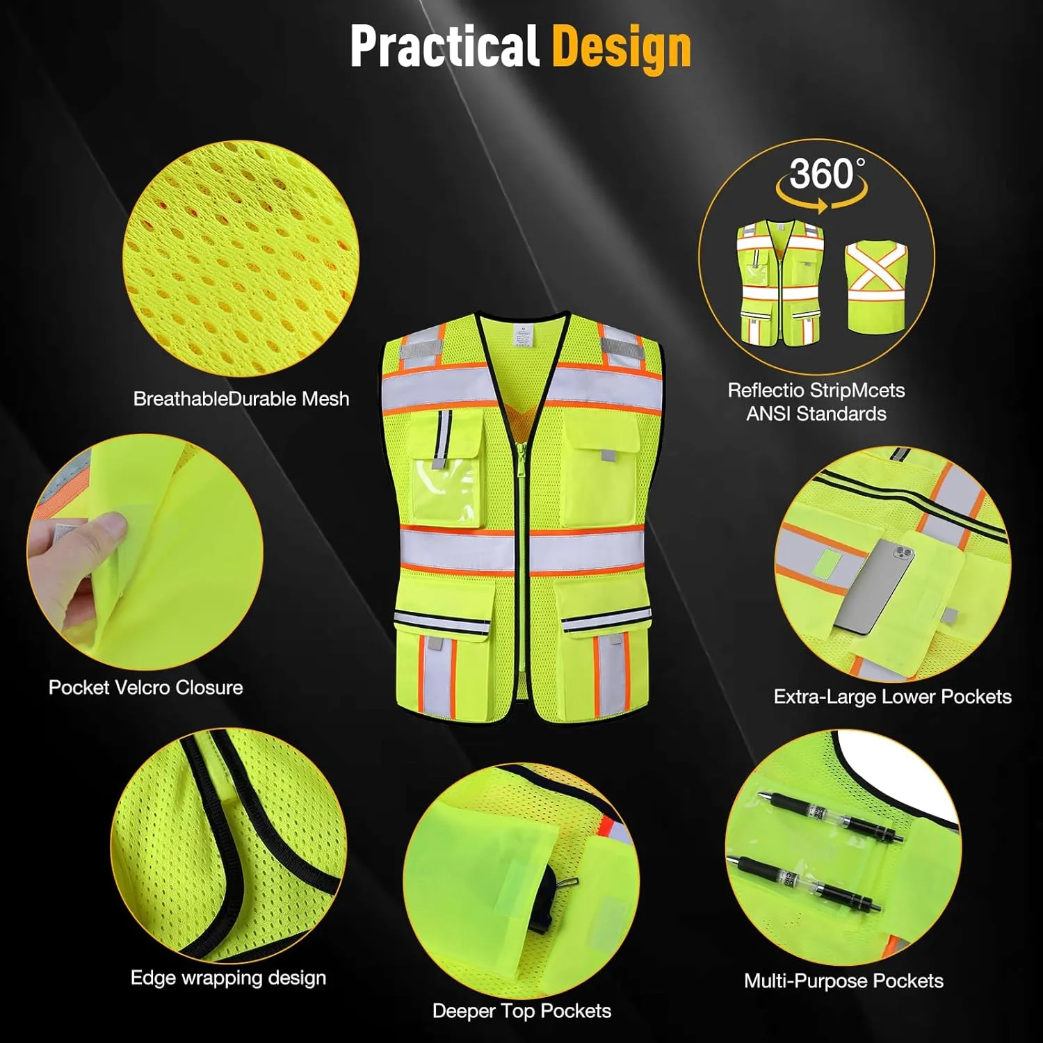 Class 2 High Visibility Vests with Zipper Front and 7 Pockets, Meets ANSI/ISEA Standards