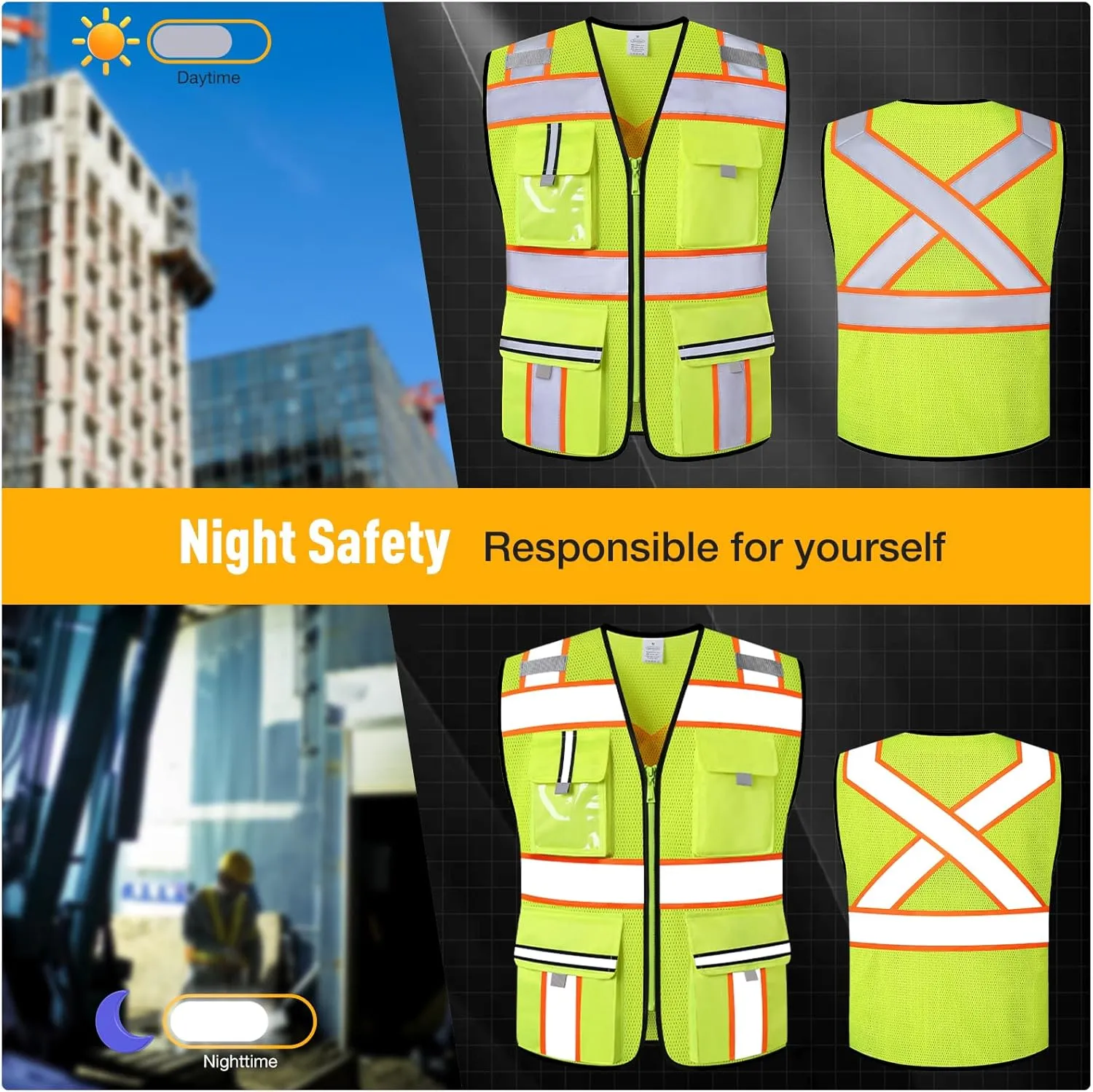 Class 2 High Visibility Vests with Zipper Front and 7 Pockets, Meets ANSI/ISEA Standards