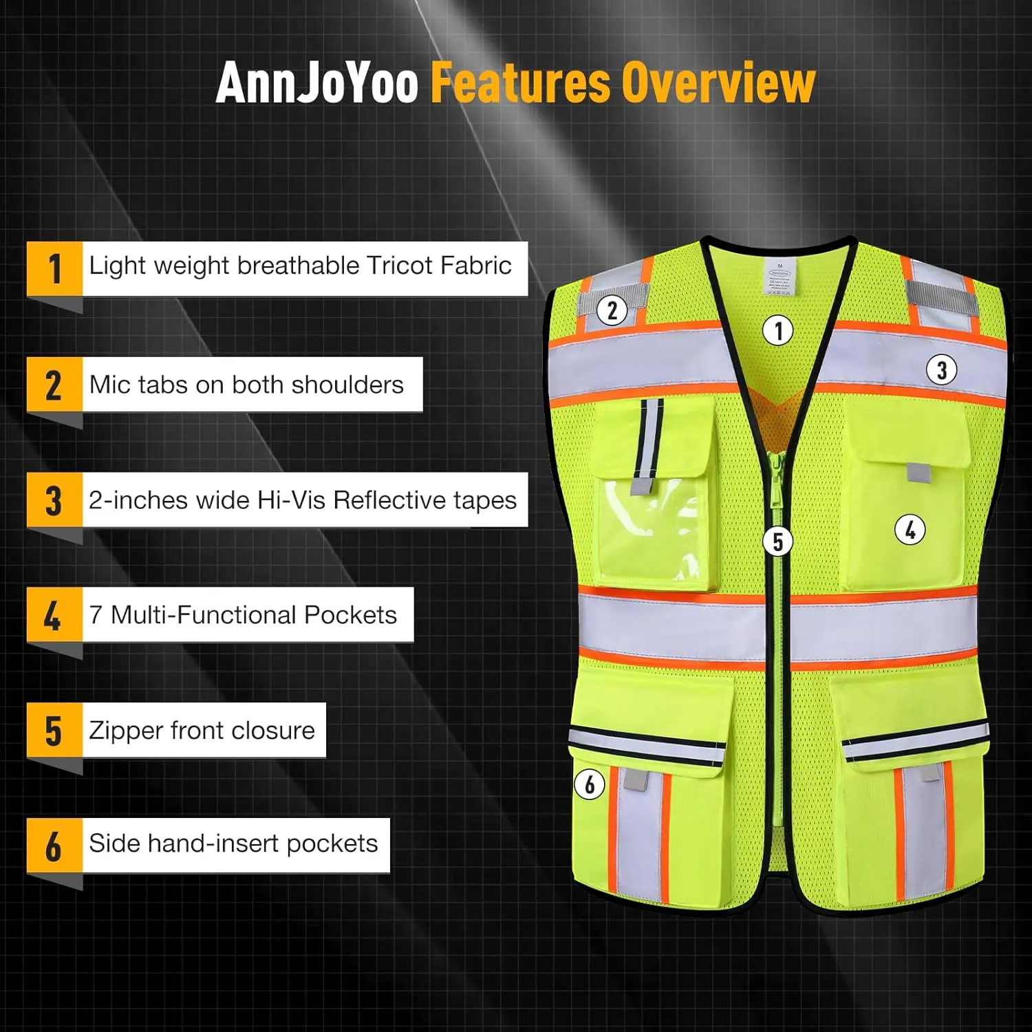 Class 2 High Visibility Vests with Zipper Front and 7 Pockets, Meets ANSI/ISEA Standards