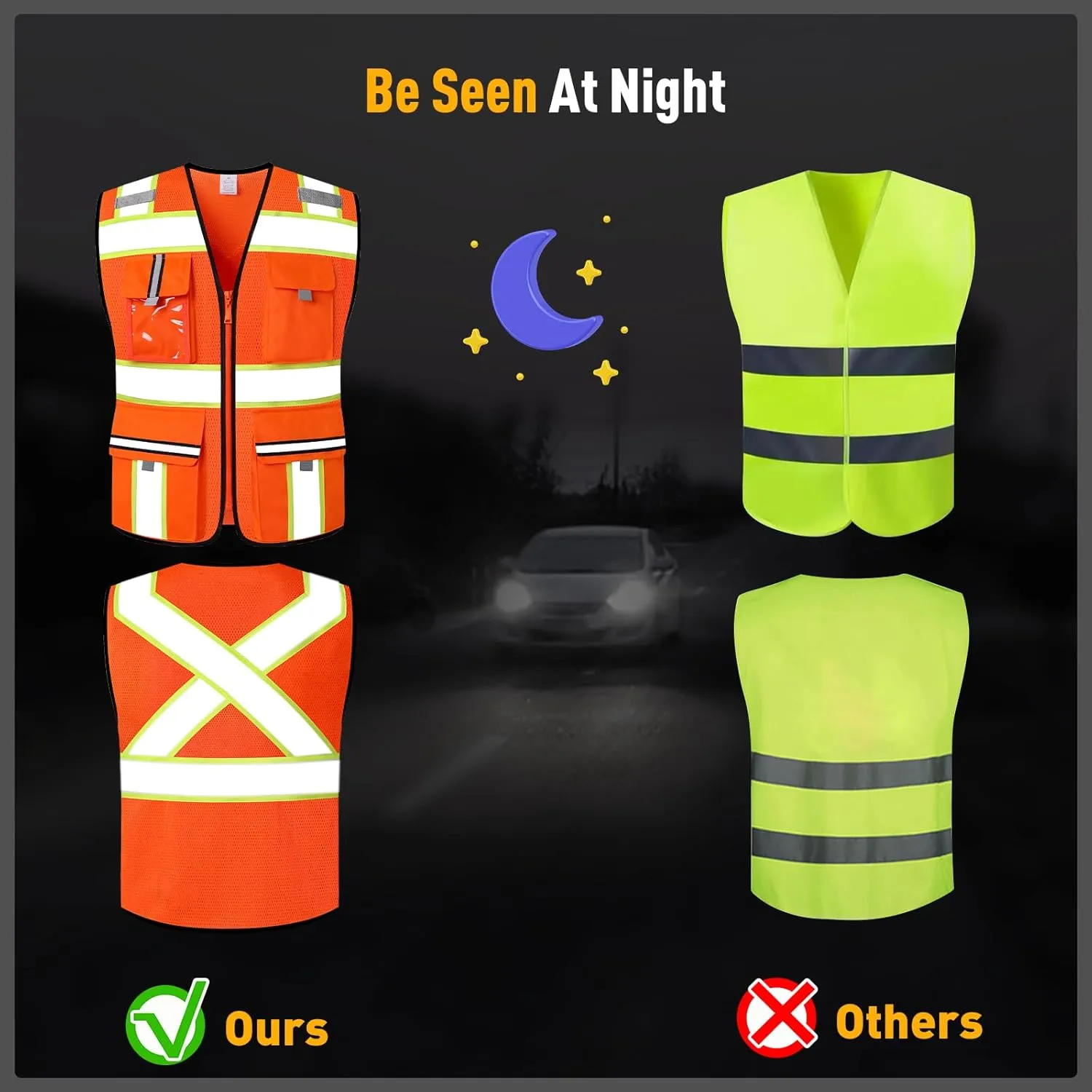 Class 2 High Visibility Vests with Zipper Front and 7 Pockets, Meets ANSI/ISEA Standards