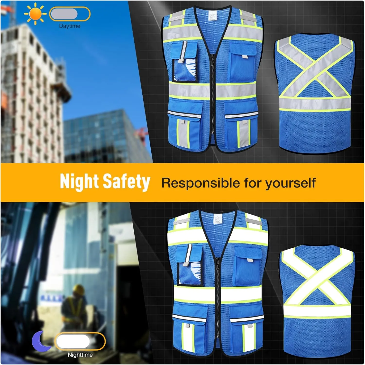 Class 2 High Visibility Vests with Zipper Front and 7 Pockets, Meets ANSI/ISEA Standards