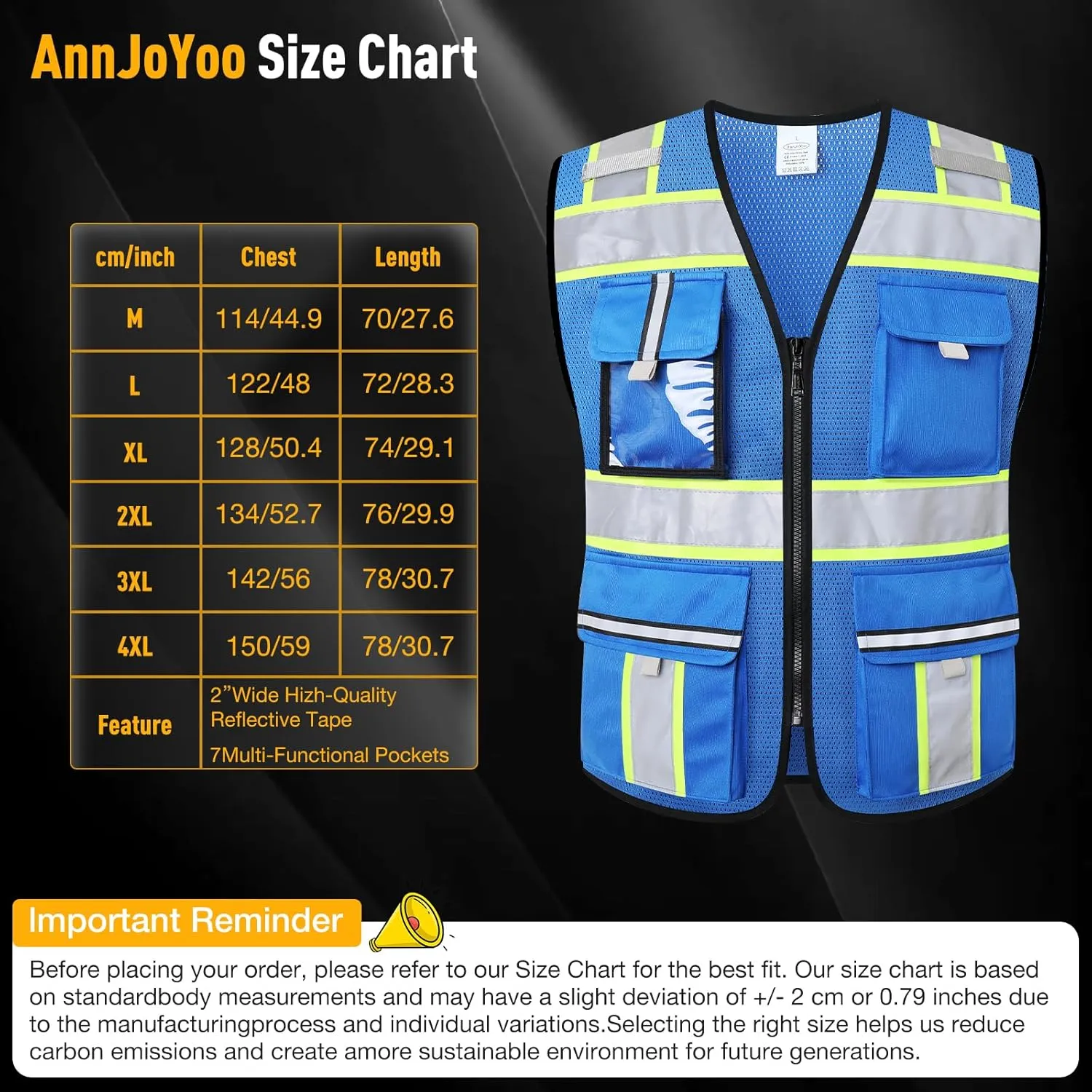 Class 2 High Visibility Vests with Zipper Front and 7 Pockets, Meets ANSI/ISEA Standards