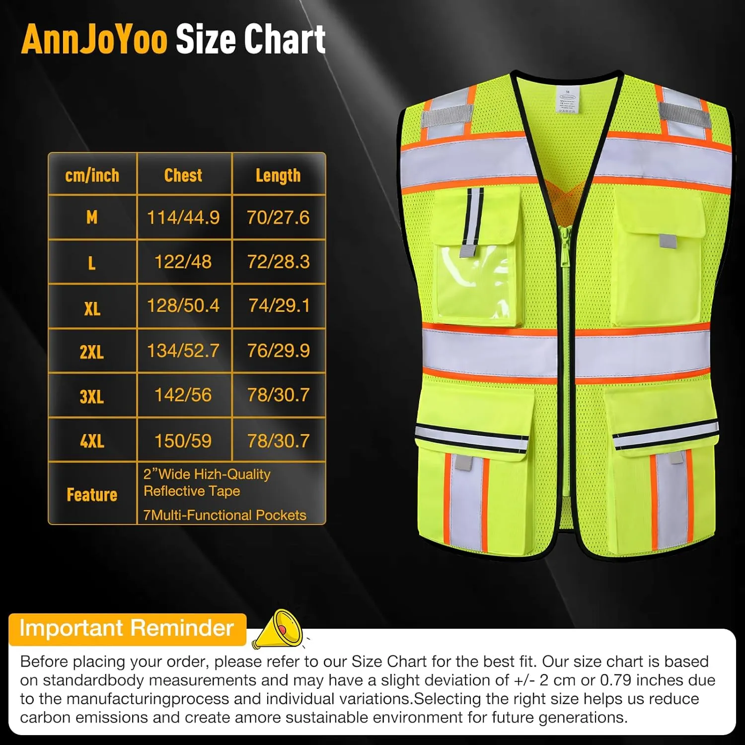 Class 2 High Visibility Vests with Zipper Front and 7 Pockets, Meets ANSI/ISEA Standards