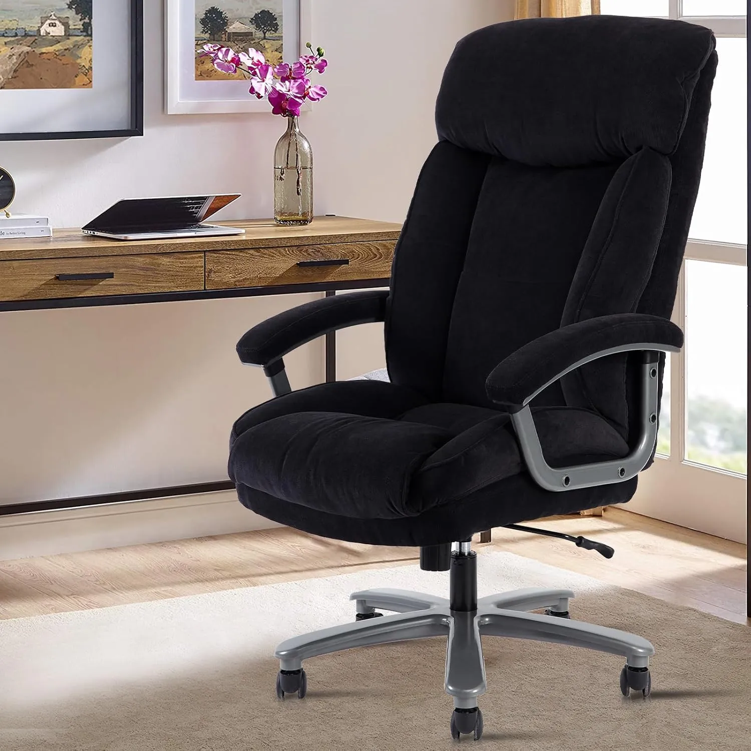 CLATINA Ergonomic Big and Tall Executive Office Chair with Upholstered Swivel 400lbs High Capacity Adjustable Height Thick Padding Headrest and Armrest for Home Office Black