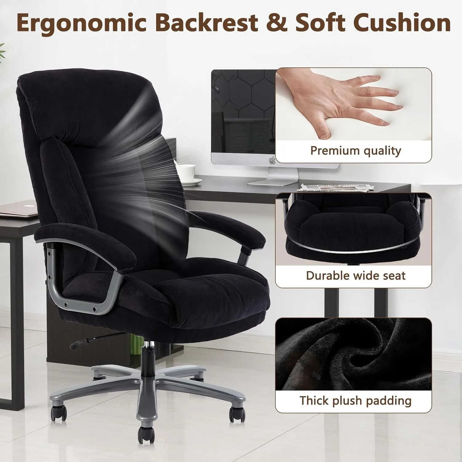 CLATINA Ergonomic Big and Tall Executive Office Chair with Upholstered Swivel 400lbs High Capacity Adjustable Height Thick Padding Headrest and Armrest for Home Office Black