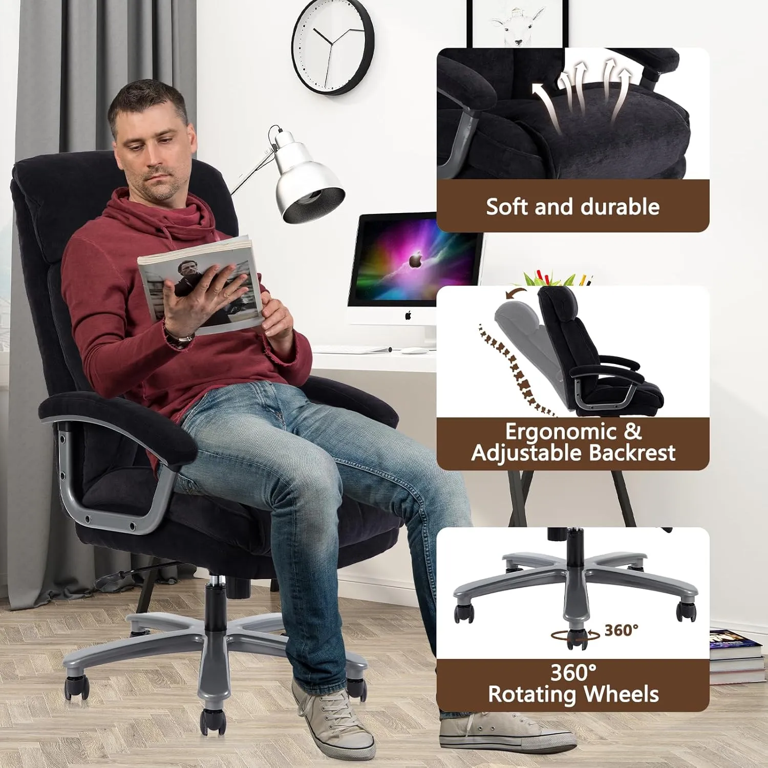 CLATINA Ergonomic Big and Tall Executive Office Chair with Upholstered Swivel 400lbs High Capacity Adjustable Height Thick Padding Headrest and Armrest for Home Office Black