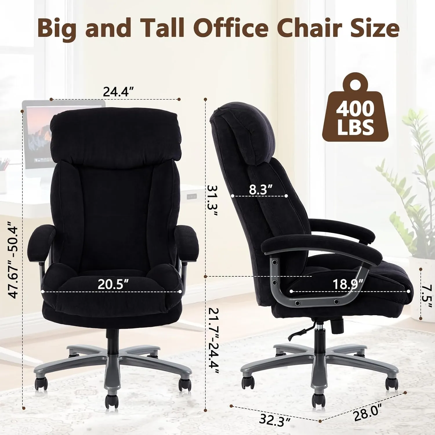 CLATINA Ergonomic Big and Tall Executive Office Chair with Upholstered Swivel 400lbs High Capacity Adjustable Height Thick Padding Headrest and Armrest for Home Office Black