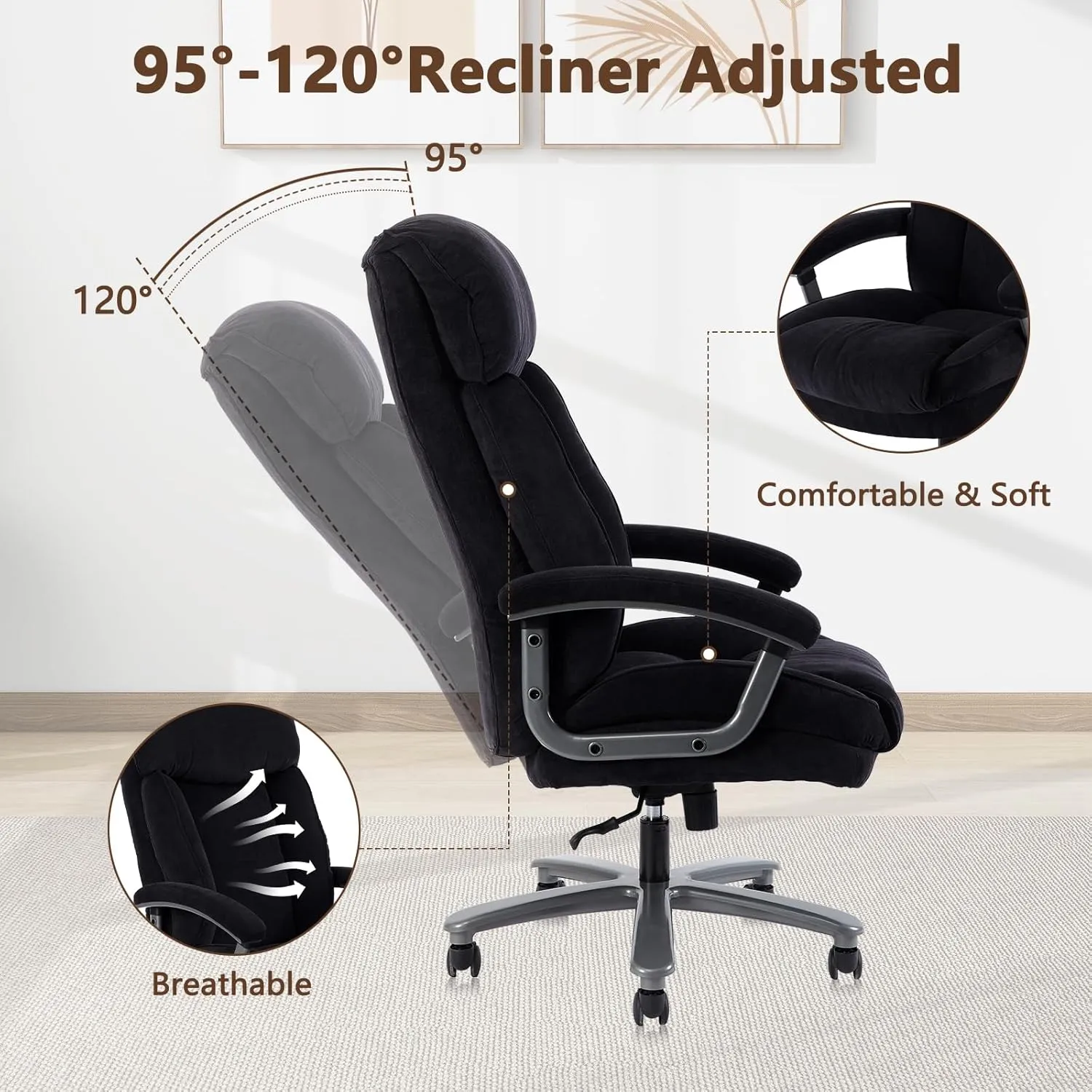 CLATINA Ergonomic Big and Tall Executive Office Chair with Upholstered Swivel 400lbs High Capacity Adjustable Height Thick Padding Headrest and Armrest for Home Office Black