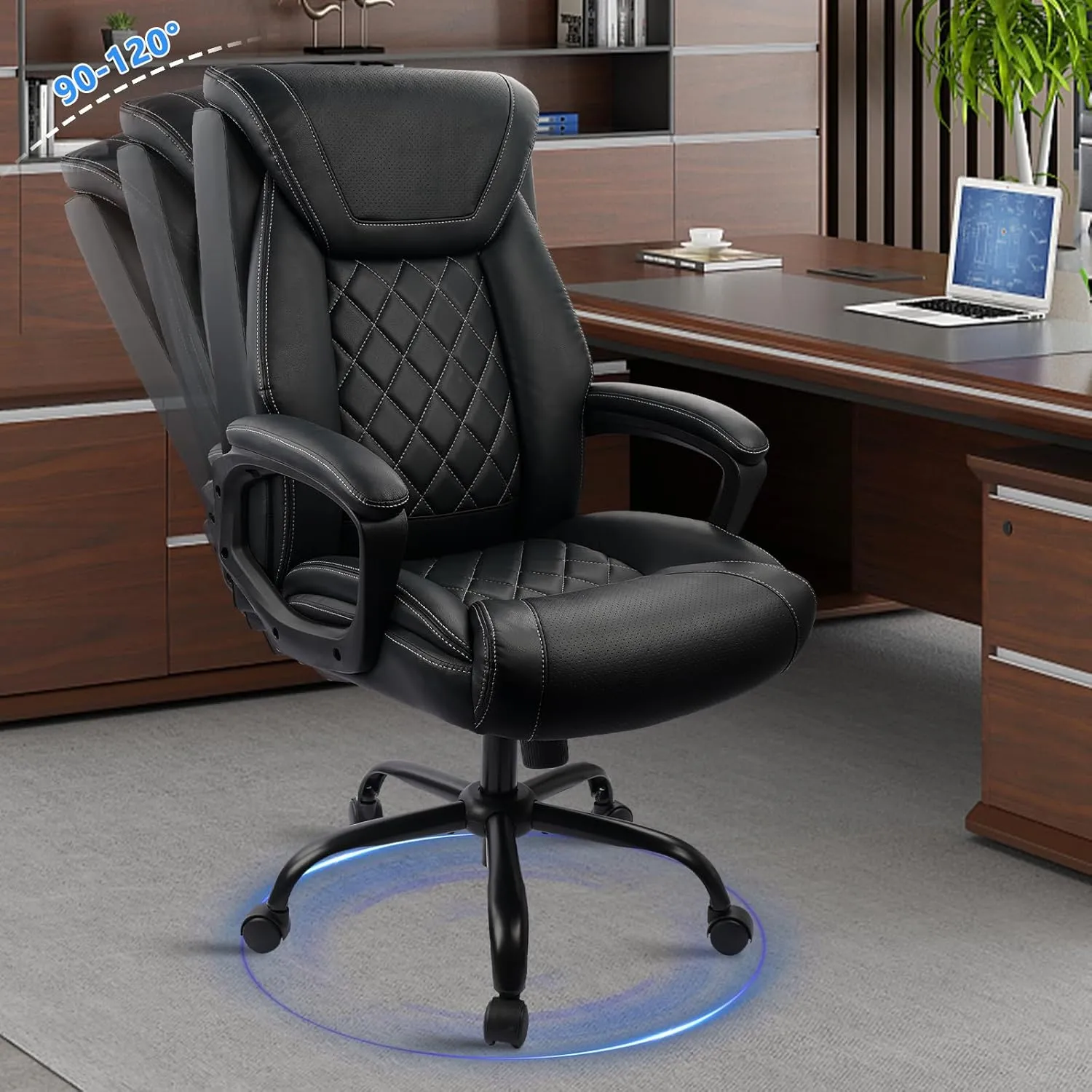 CLATINA Executive Office Chair, Big and Tall Leather Ergonomic Desk Chair with Lumbar Support and Padded Armrestes, Adjustable Heigh Swivel Computer Task Chair with Rocking Function(Black), 450 LBS