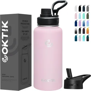 COKTIK 32 oz Sports Water Bottle With Straw,2 Lids, Stainless Steel Vacuum Insulated Water Bottles,Leakproof Lightweight, Keeps Cold and Hot, Great for Travel, Hiking, Biking, Running (Blush)