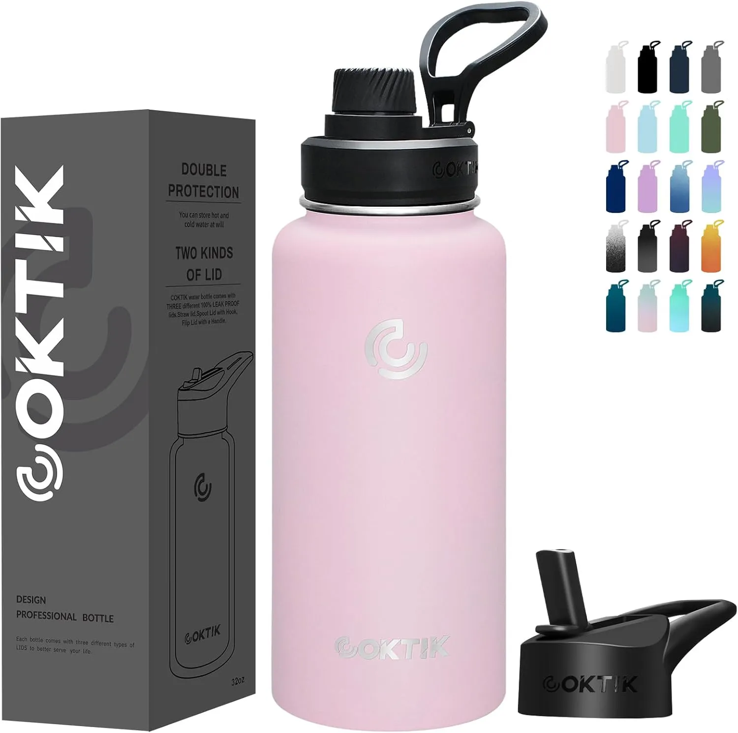 COKTIK 32 oz Sports Water Bottle With Straw,2 Lids, Stainless Steel Vacuum Insulated Water Bottles,Leakproof Lightweight, Keeps Cold and Hot, Great for Travel, Hiking, Biking, Running (Blush)