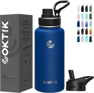 COKTIK 32 oz Sports Water Bottle With Straw,2 Lids, Stainless Steel Vacuum Insulated Water Bottles,Leakproof Lightweight, Keeps Cold and Hot, Great for Travel, Hiking, Biking, Running(Cobalt)