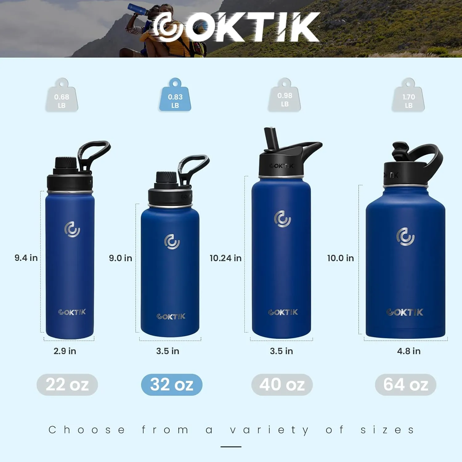 COKTIK 32 oz Sports Water Bottle With Straw,2 Lids, Stainless Steel Vacuum Insulated Water Bottles,Leakproof Lightweight, Keeps Cold and Hot, Great for Travel, Hiking, Biking, Running(Cobalt)