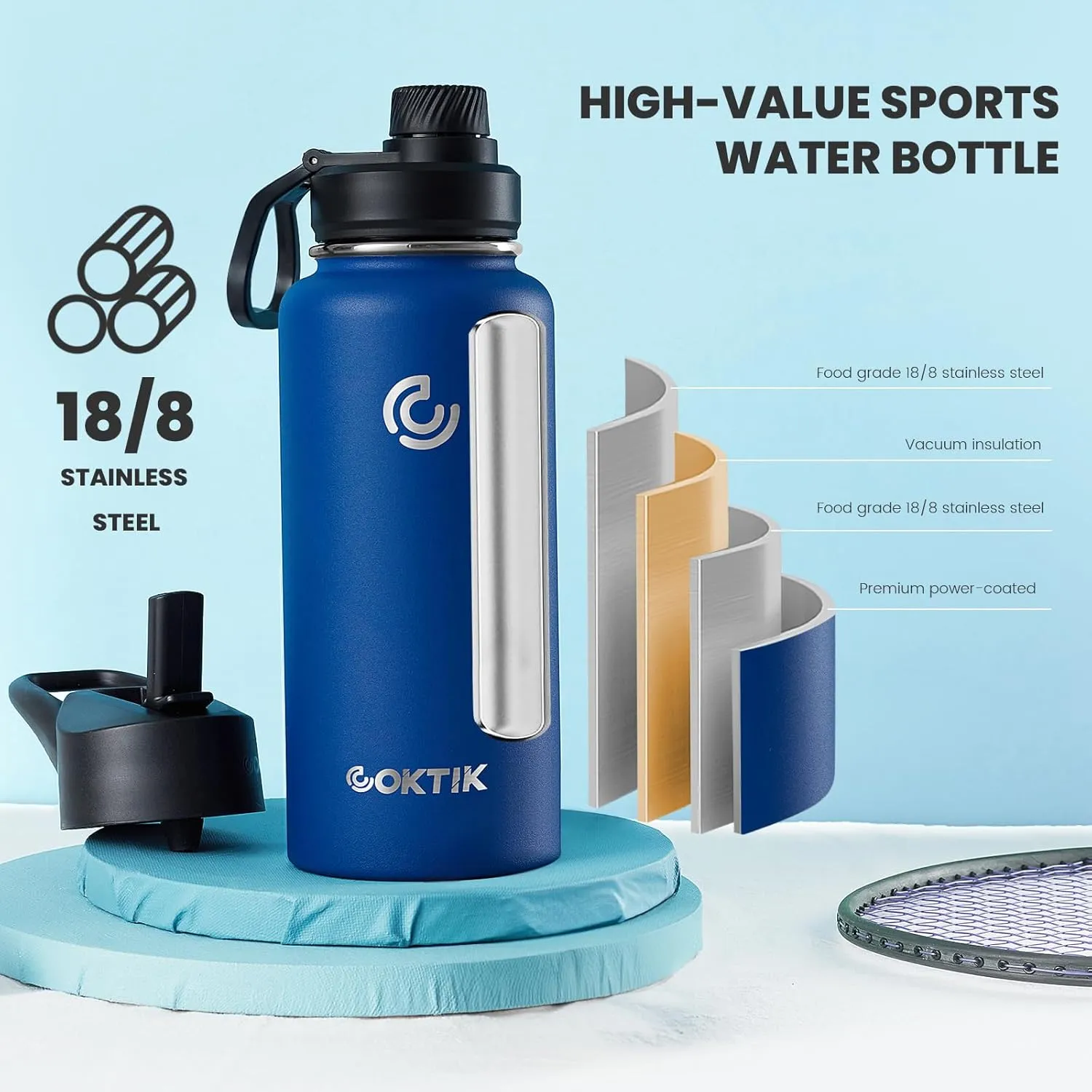 COKTIK 32 oz Sports Water Bottle With Straw,2 Lids, Stainless Steel Vacuum Insulated Water Bottles,Leakproof Lightweight, Keeps Cold and Hot, Great for Travel, Hiking, Biking, Running(Cobalt)