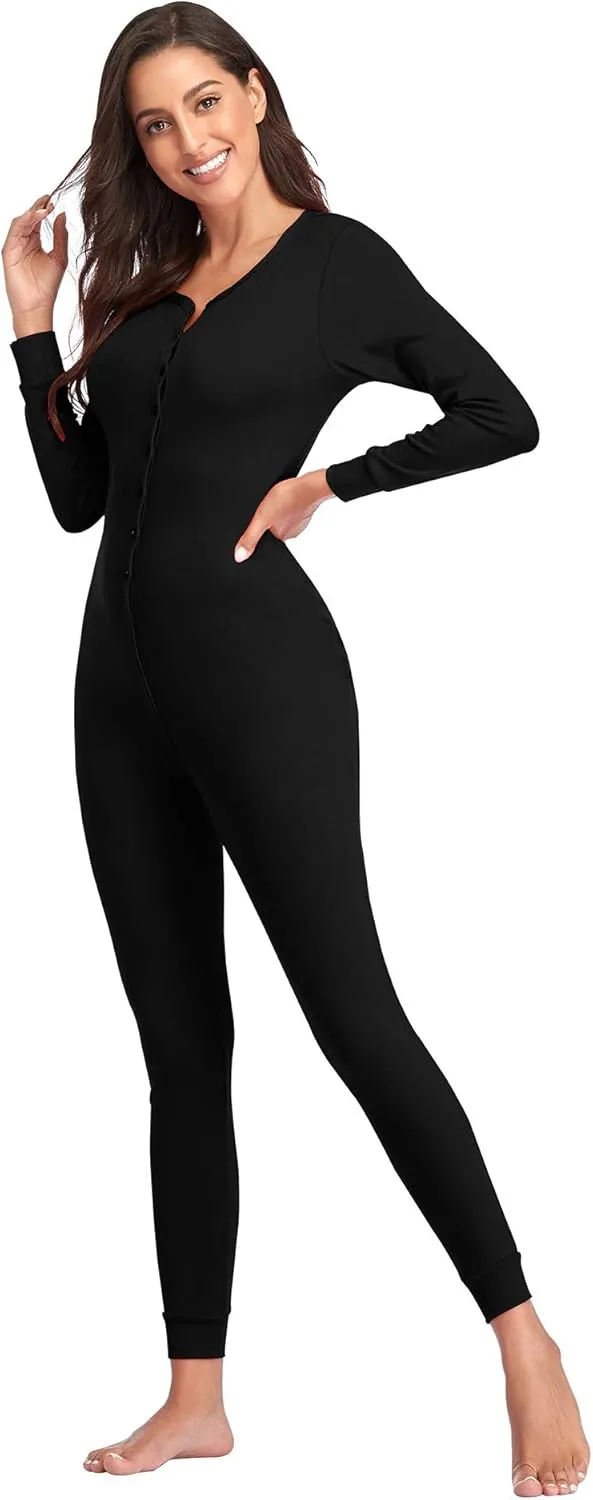 COLORFULLEAF Womens Cotton Onesies Pajamas One Piece Thermal Underwear Union Suits Henley for Ladies Jumpsuit Sleepwear