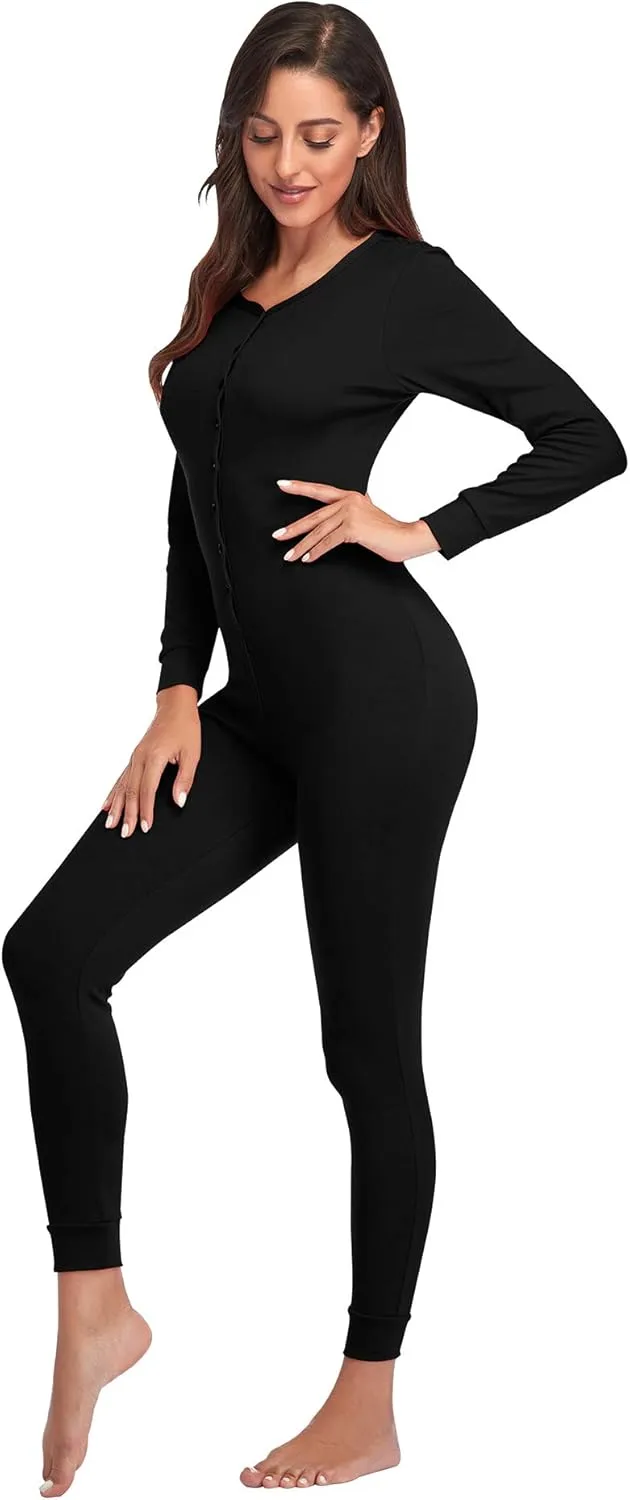 COLORFULLEAF Womens Cotton Onesies Pajamas One Piece Thermal Underwear Union Suits Henley for Ladies Jumpsuit Sleepwear