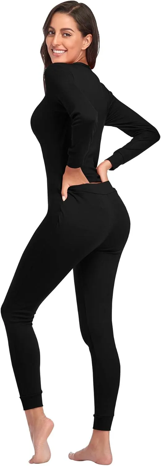 COLORFULLEAF Womens Cotton Onesies Pajamas One Piece Thermal Underwear Union Suits Henley for Ladies Jumpsuit Sleepwear