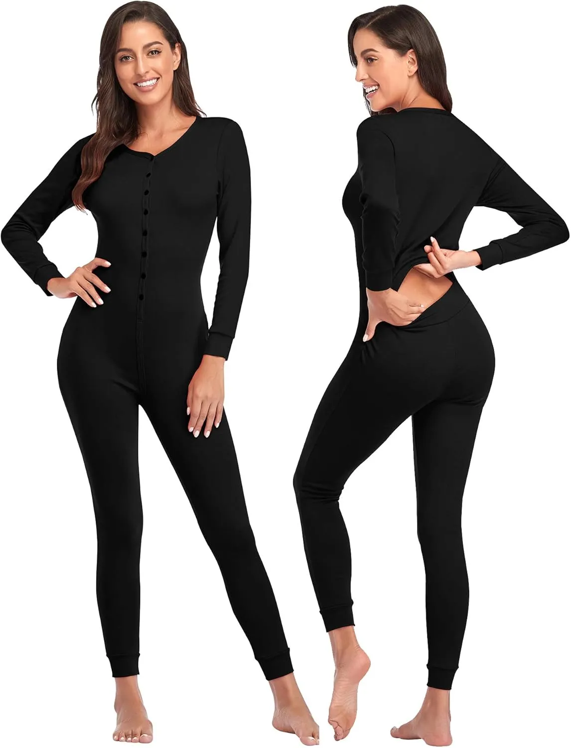 COLORFULLEAF Womens Cotton Onesies Pajamas One Piece Thermal Underwear Union Suits Henley for Ladies Jumpsuit Sleepwear