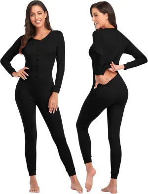 COLORFULLEAF Womens Cotton Onesies Pajamas One Piece Thermal Underwear Union Suits Henley for Ladies Jumpsuit Sleepwear