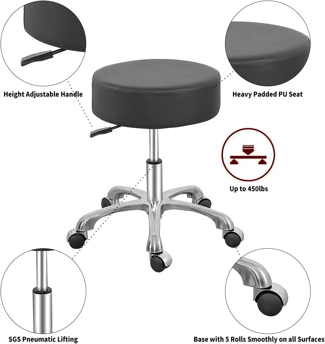 Comfy Memory Foam Heavy Duty Rolling Stool,Adjustable Chair with Wheels for Doctor,Shop,Nail Tech,Potters,Medical,Massage,Artist,Tattoo,Studio,Office,Pedicure(Black)