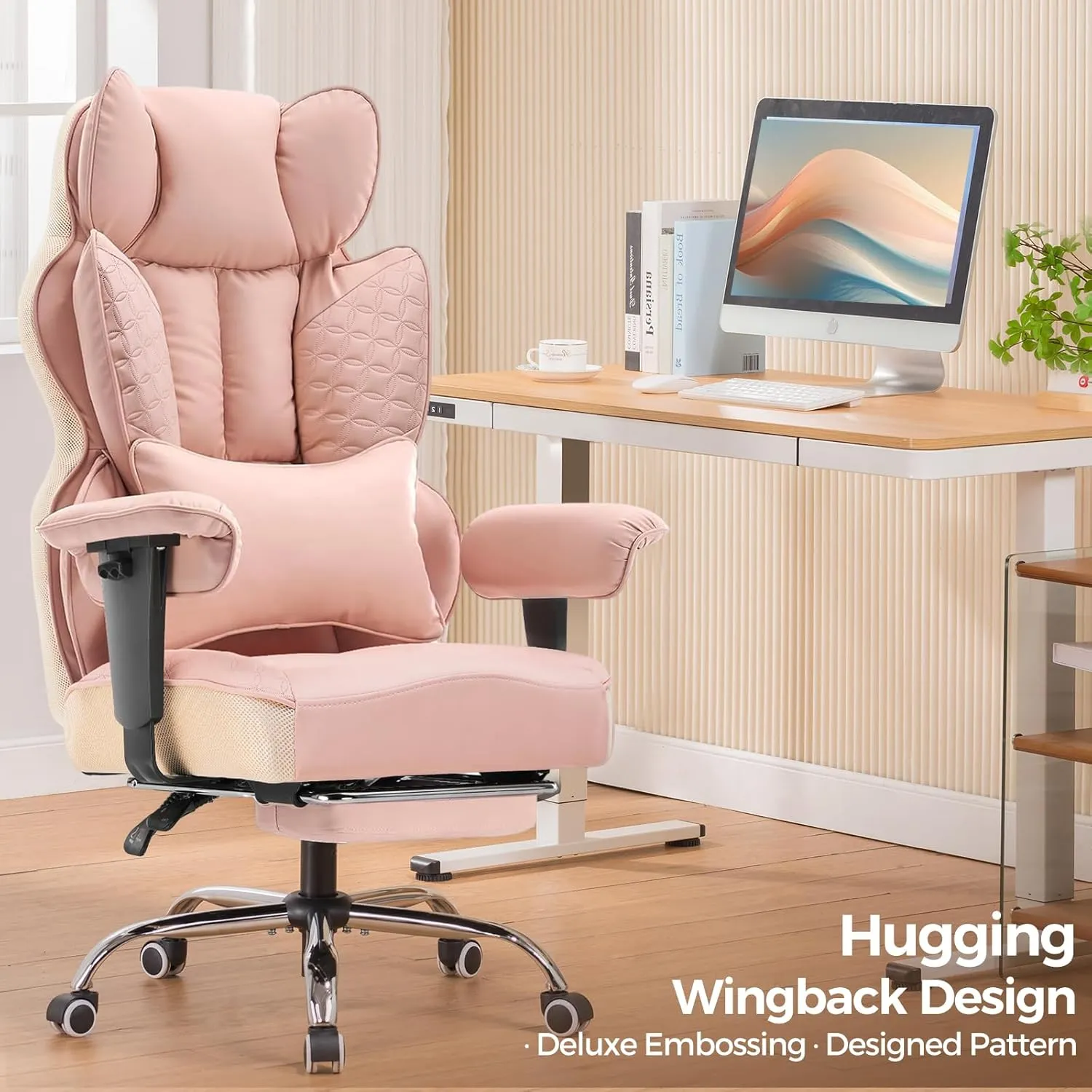 COMHOMA Big and Tall Office Chair 400LBS Wide Ergonomic Gaming Chair with Deluxe Embossing Designed Leather with Foot Rest,150°Reclining Adjustable Armrests Pocket Spring Back Support and Pillow