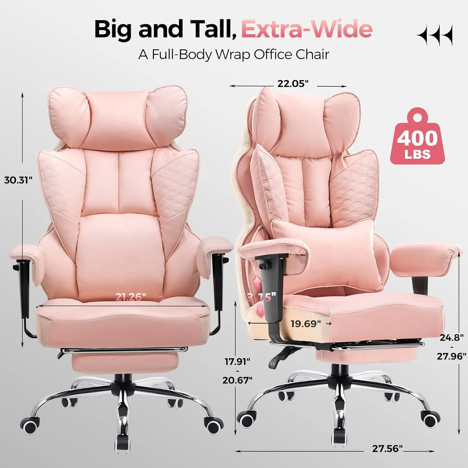 COMHOMA Big and Tall Office Chair 400LBS Wide Ergonomic Gaming Chair with Deluxe Embossing Designed Leather with Foot Rest,150°Reclining Adjustable Armrests Pocket Spring Back Support and Pillow