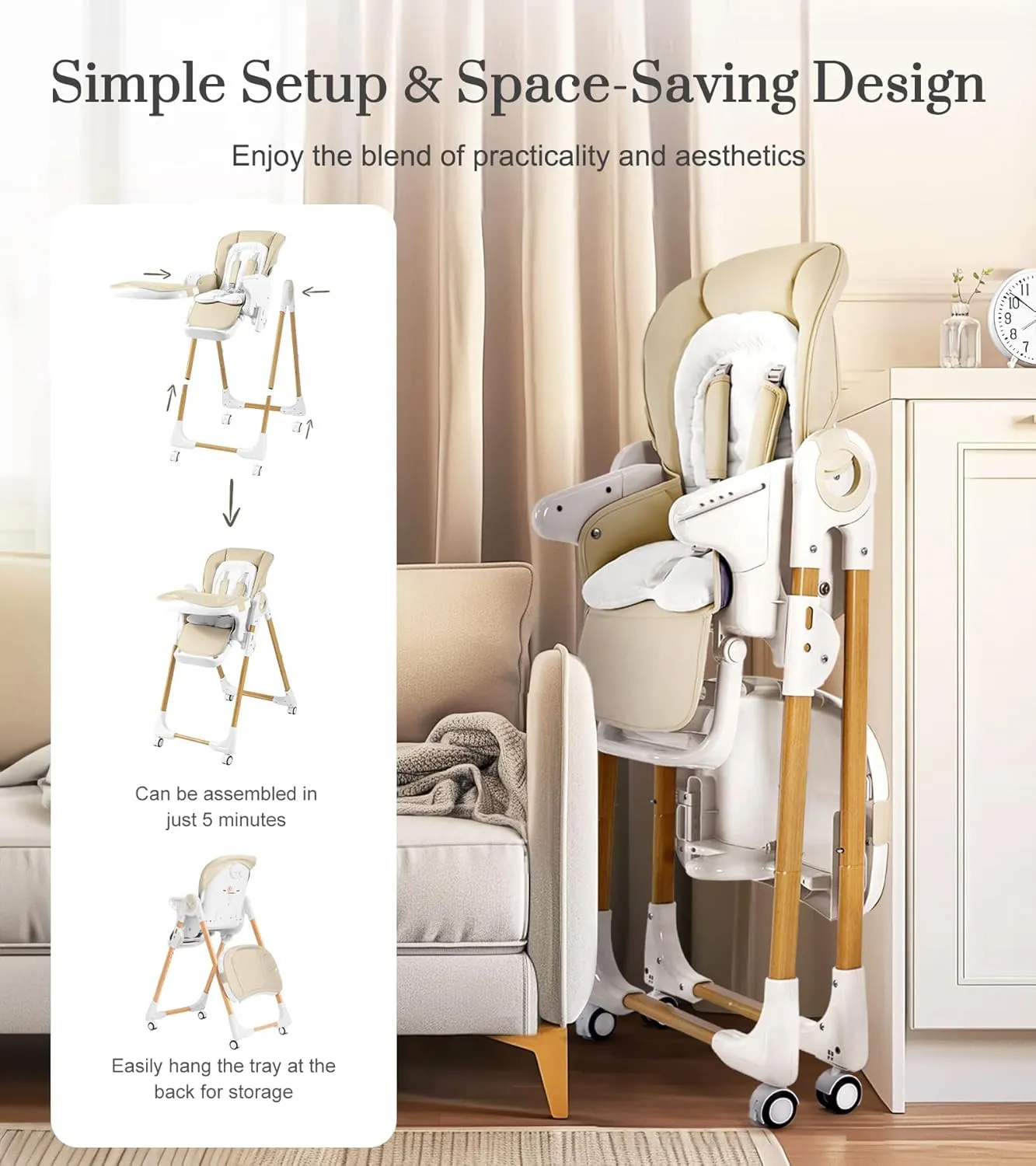 Convertible High Chairs for Babies and Toddlers, Height Adjustable Baby High Chair, High Chair with Removable Tray, Adjustable Backrest and Pedal, Portable Baby Dinning Chair with Lockable Wheels