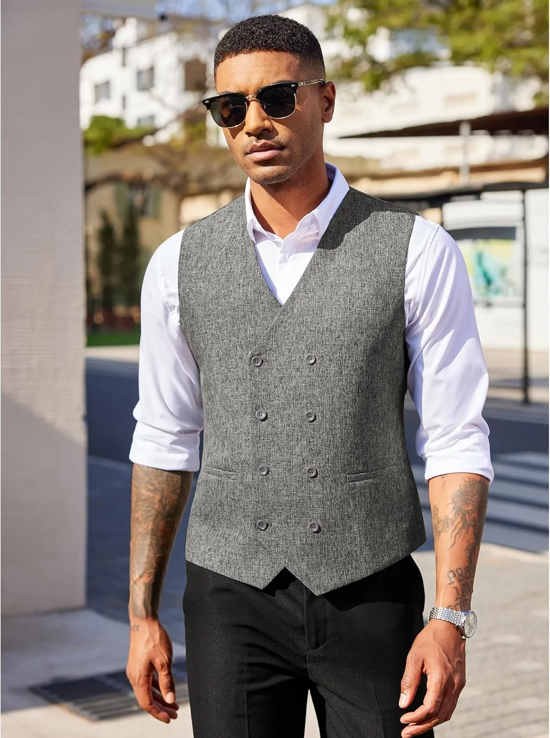 COOFANDY Men's Double Breasted Suit Vest Lightweight Waistcoat Slim Fit Dress Vest