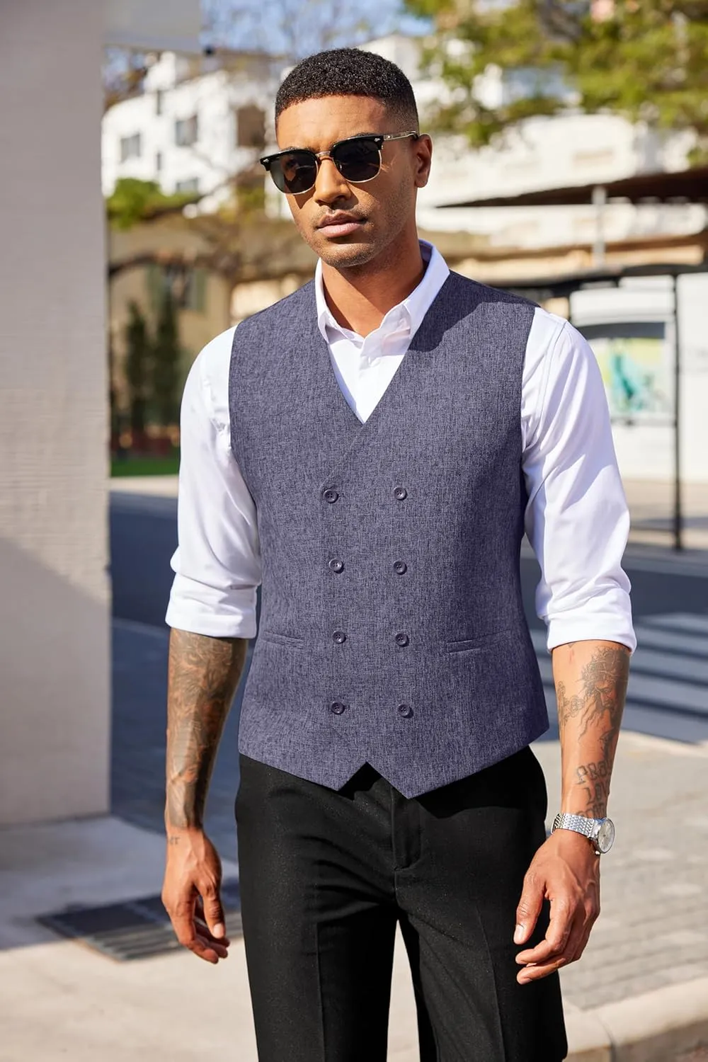 COOFANDY Men's Double Breasted Suit Vest Lightweight Waistcoat Slim Fit Dress Vest