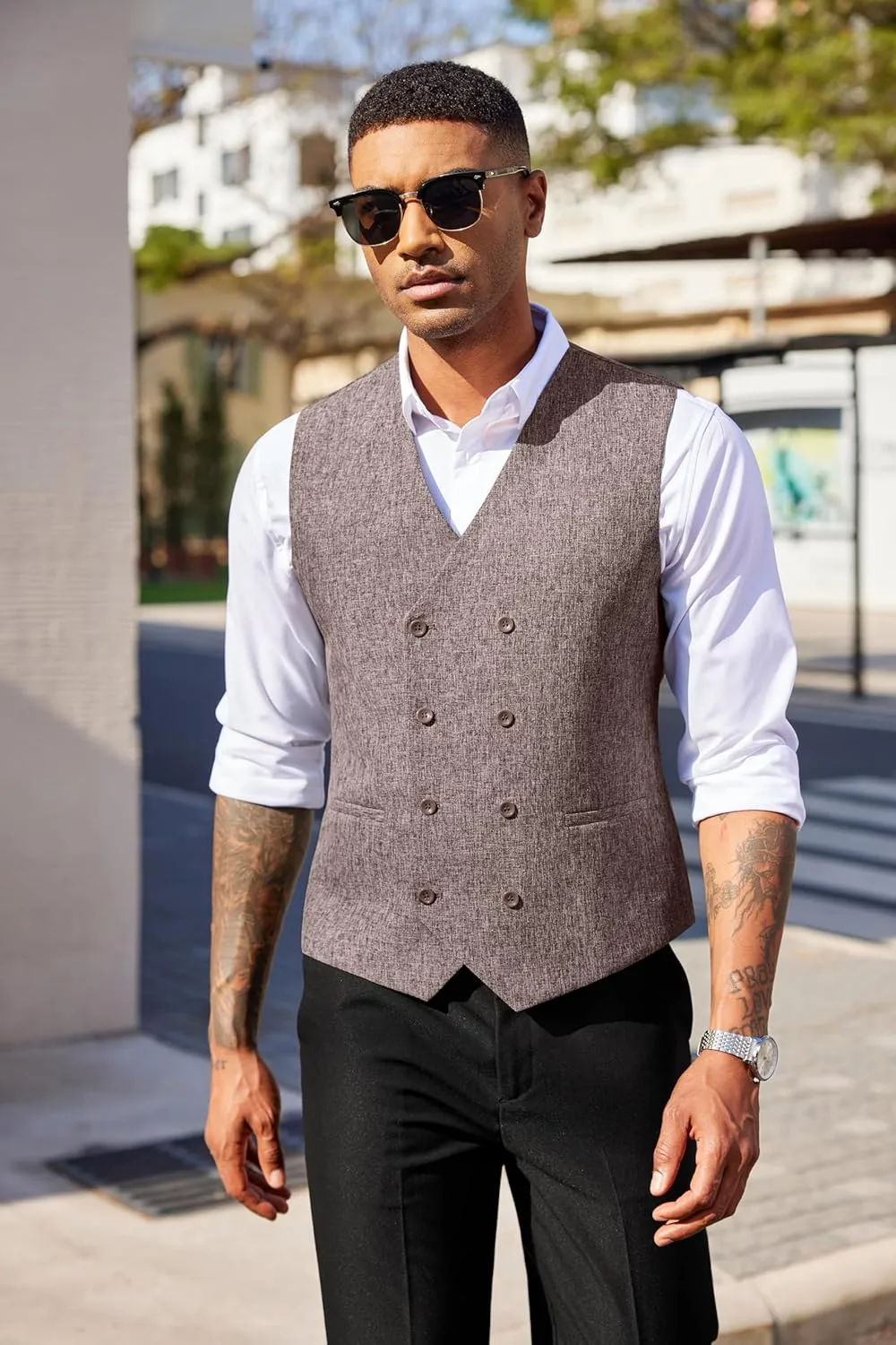 COOFANDY Men's Double Breasted Suit Vest Lightweight Waistcoat Slim Fit Dress Vest
