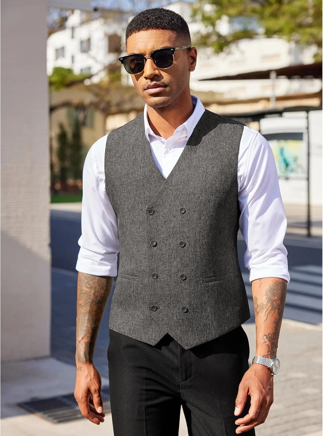 COOFANDY Men's Double Breasted Suit Vest Lightweight Waistcoat Slim Fit Dress Vest