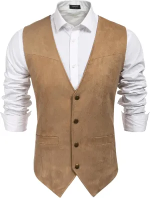 COOFANDY Men's Suede Leather Suit Vest Casual Western Vest Jacket Slim Fit Vest Waistcoat