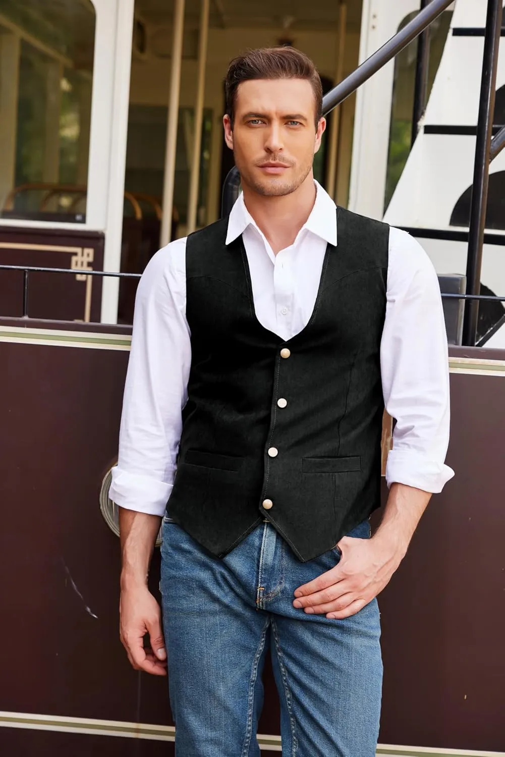 COOFANDY Men's Suede Leather Vest Cowboy Western Waistcoat Casual Slim Fit Suit Vest