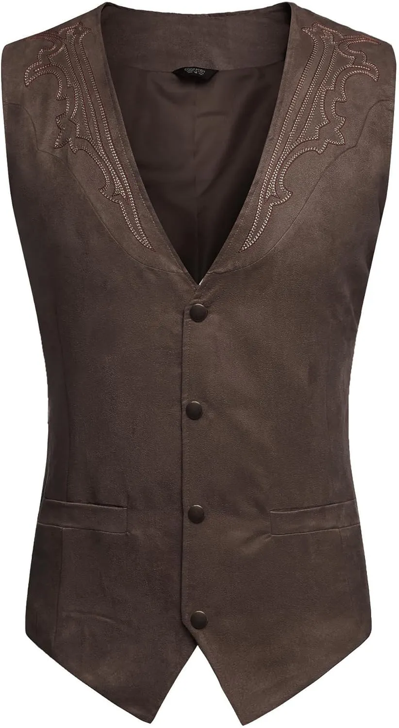 COOFANDY Men's Suede Leather Vest Cowboy Western Waistcoat Casual Slim Fit Suit Vest