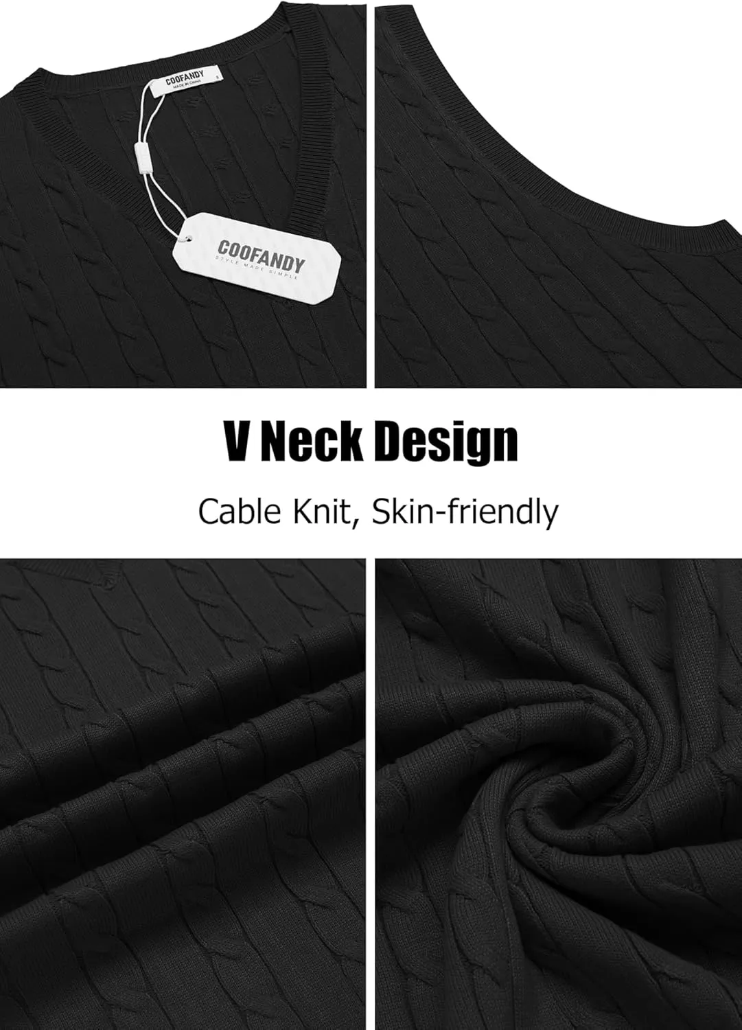 COOFANDY Men's Sweater Vest V Neck Slim Fit Cable Knitted Sleeveless Pullover Sweater
