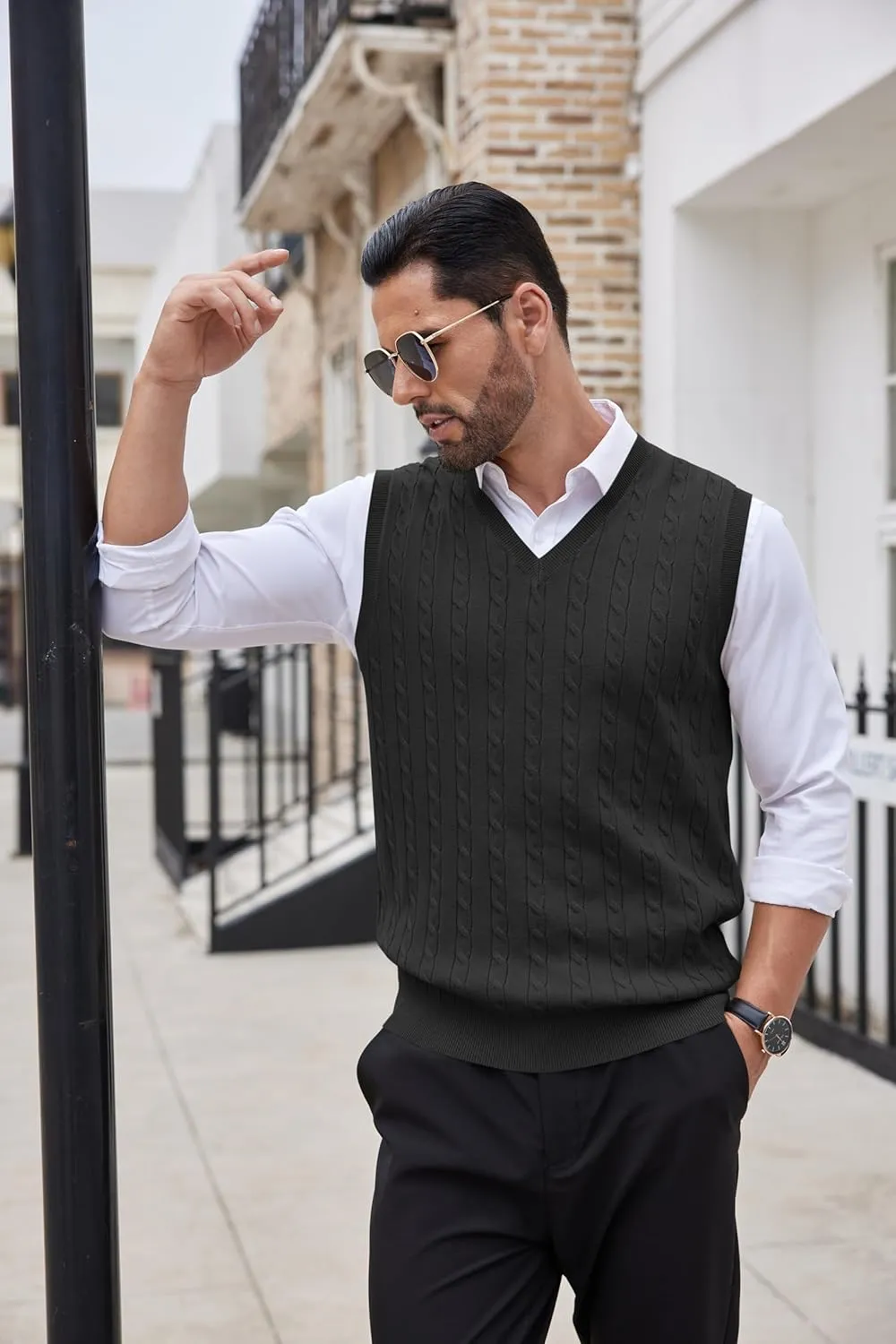 COOFANDY Men's Sweater Vest V Neck Slim Fit Cable Knitted Sleeveless Pullover Sweater