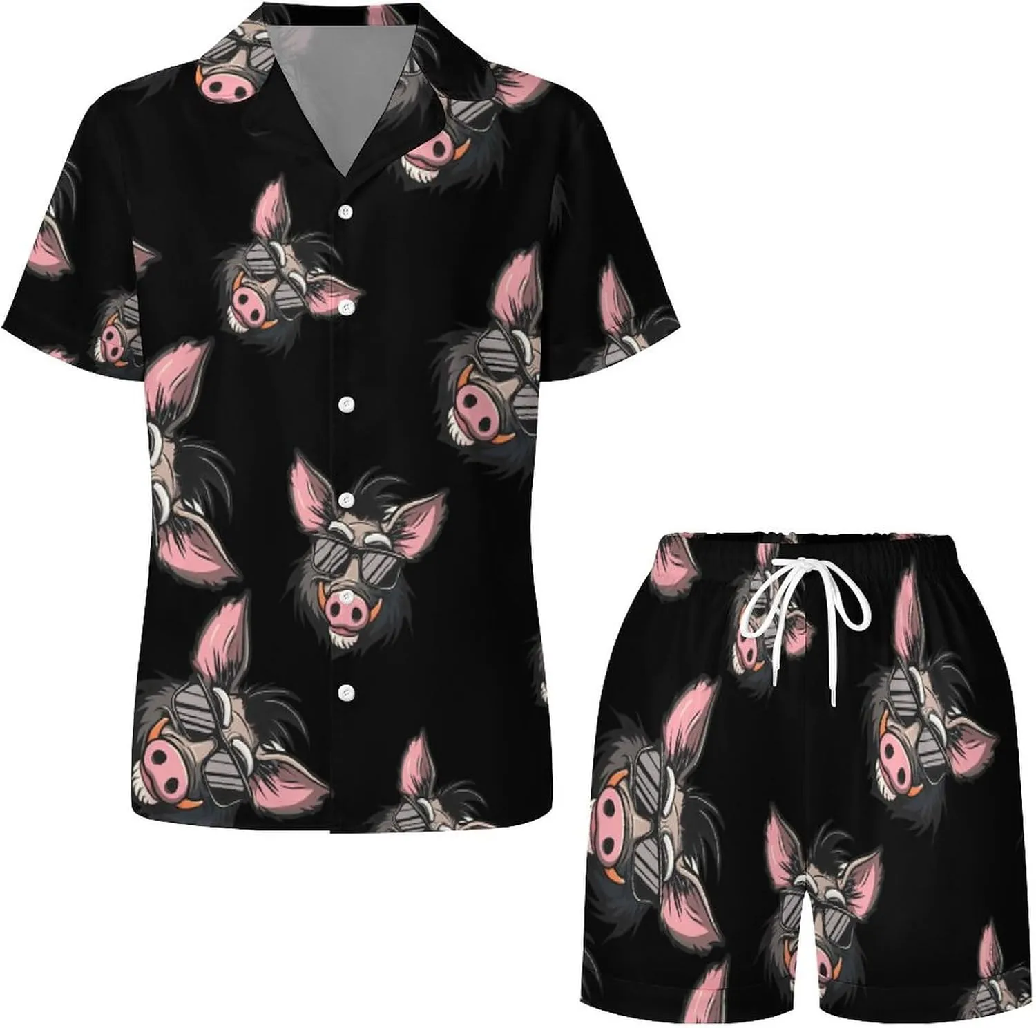 Cool Pigs Wild Boar with Glasses Pigs Women's Satin Pajama Set Short Sleeve Button Down Sleepwear Loungewear Pj Set