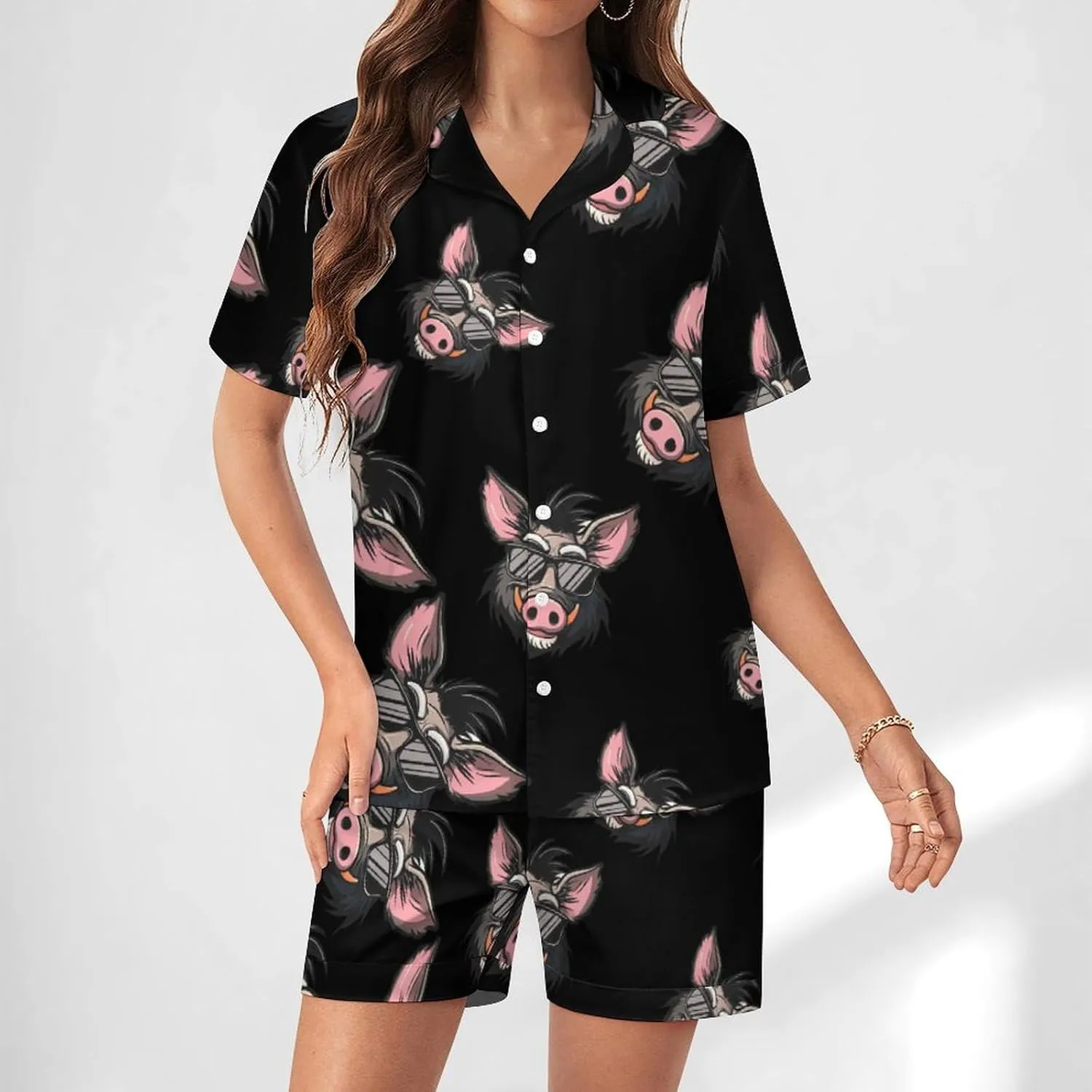 Cool Pigs Wild Boar with Glasses Pigs Women's Satin Pajama Set Short Sleeve Button Down Sleepwear Loungewear Pj Set