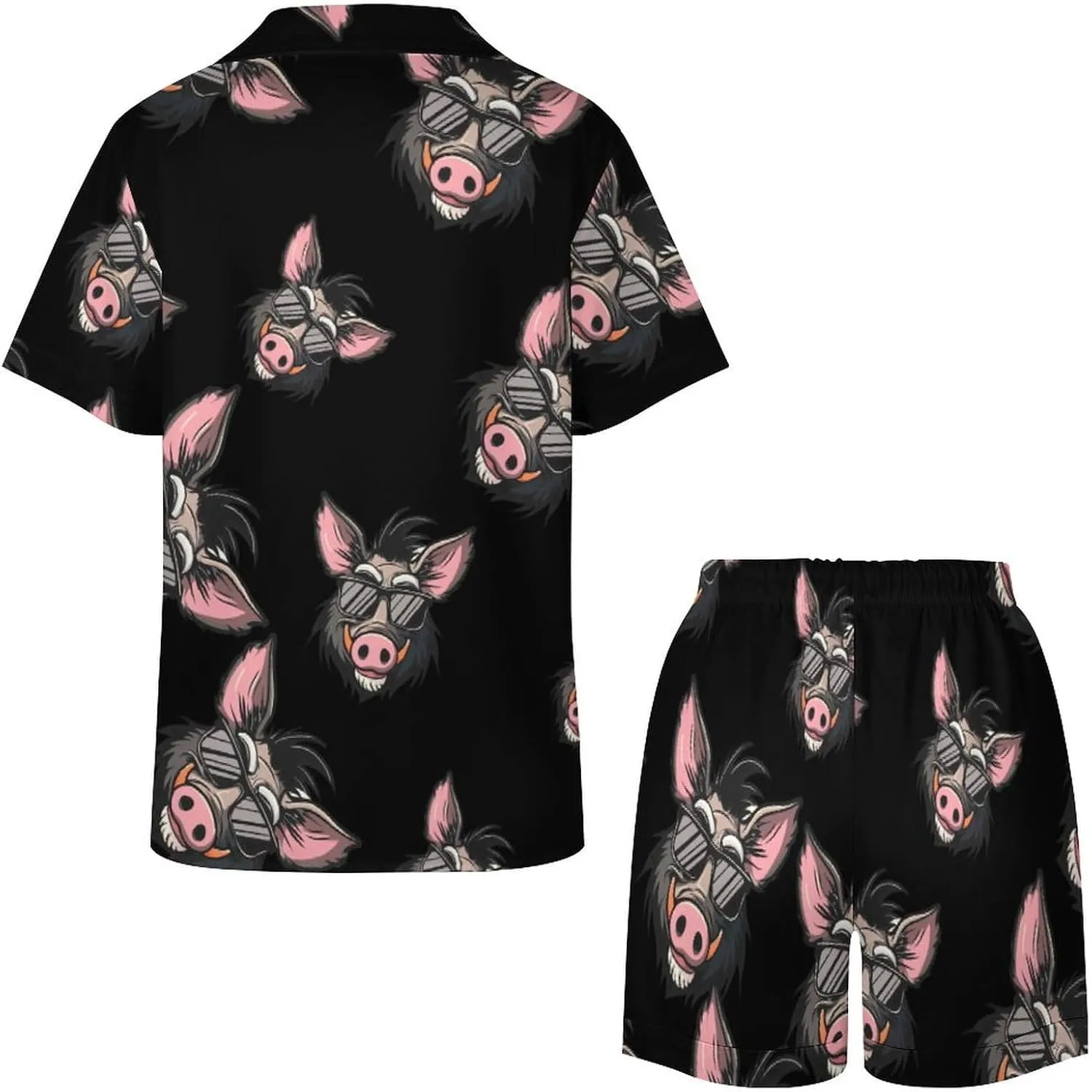 Cool Pigs Wild Boar with Glasses Pigs Women's Satin Pajama Set Short Sleeve Button Down Sleepwear Loungewear Pj Set