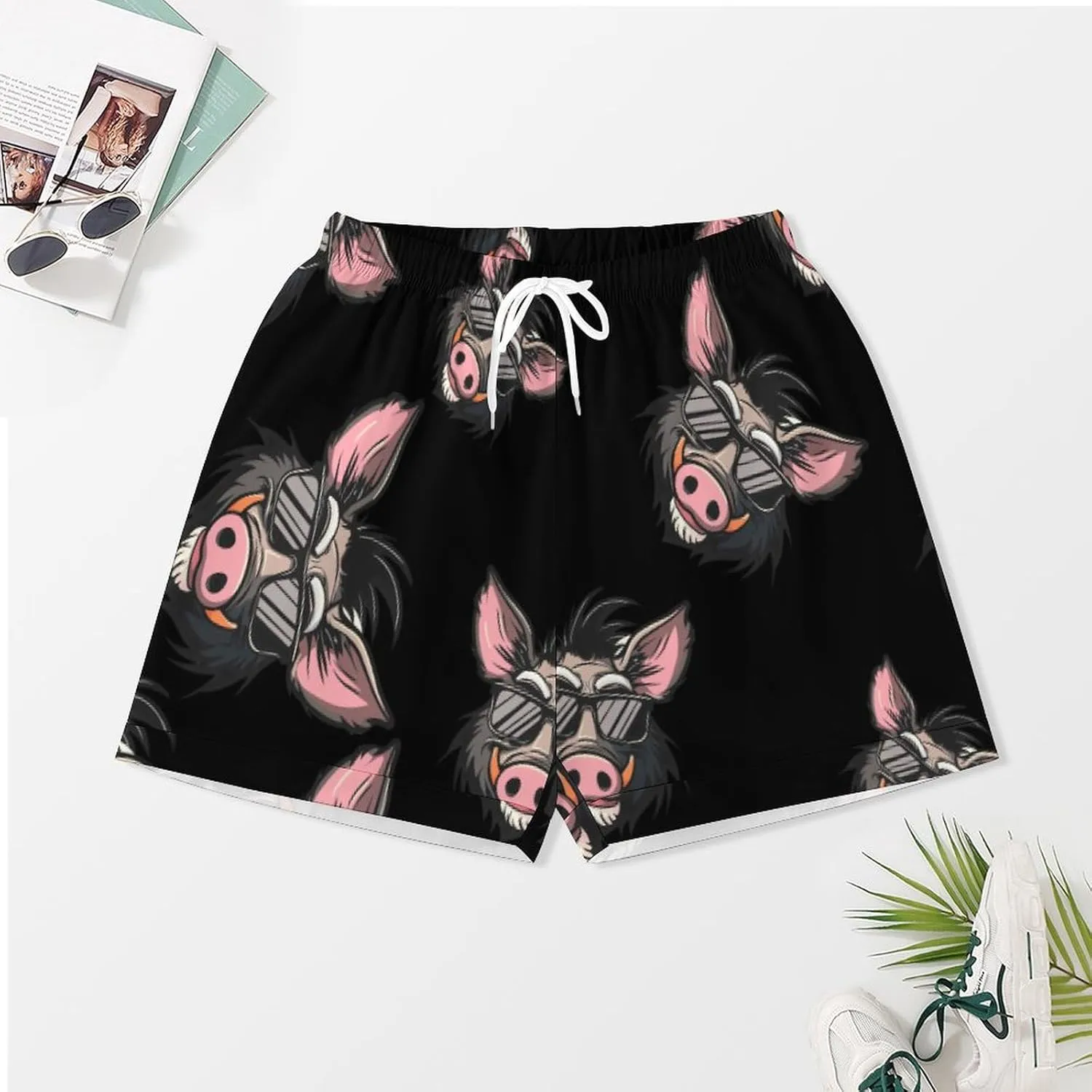 Cool Pigs Wild Boar with Glasses Pigs Women's Satin Pajama Set Short Sleeve Button Down Sleepwear Loungewear Pj Set