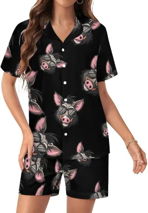 Cool Pigs Wild Boar with Glasses Pigs Women's Satin Pajama Set Short Sleeve Button Down Sleepwear Loungewear Pj Set