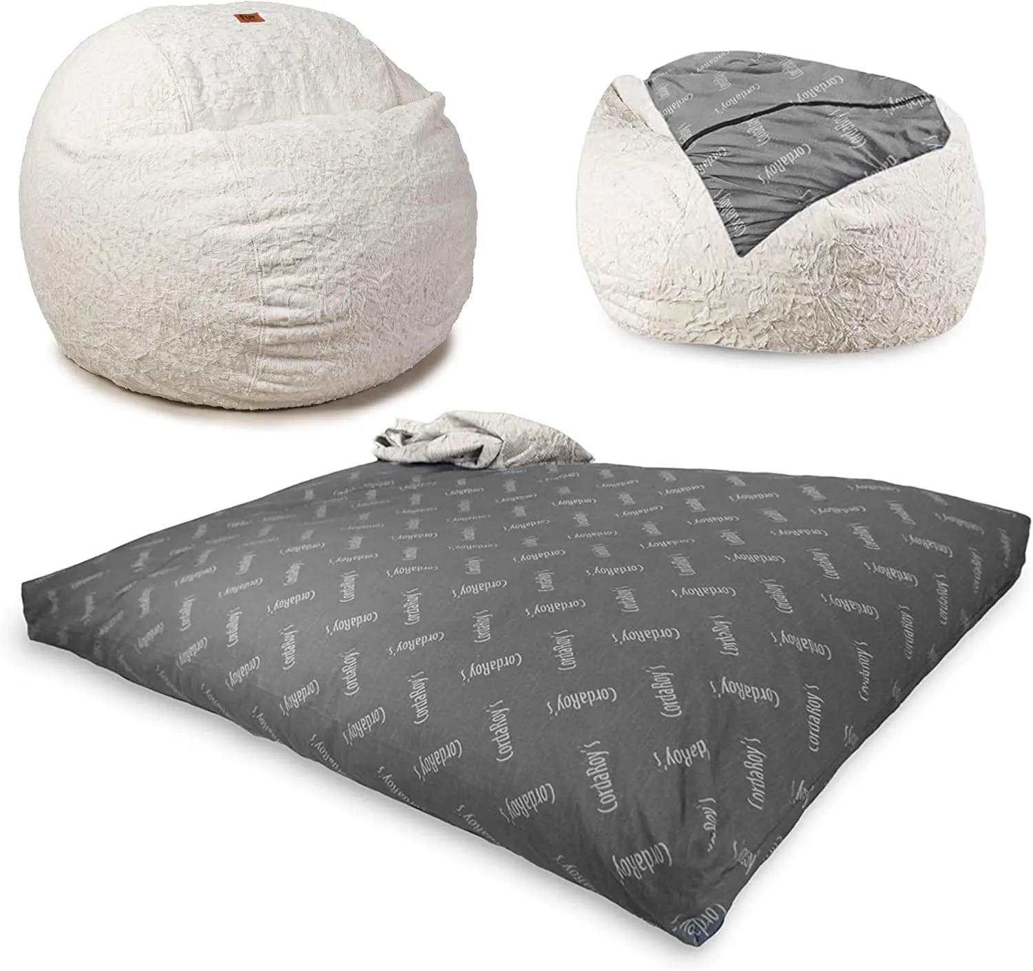 CordaRoy's Faux Fur Bean Bag-Convertible Bean Bag Chair & Bed-Machine-Washable Faux Fur Fabric Cover for Basement, Living Room, Game Room, Dorm & More - King Size - White | Made in The USA