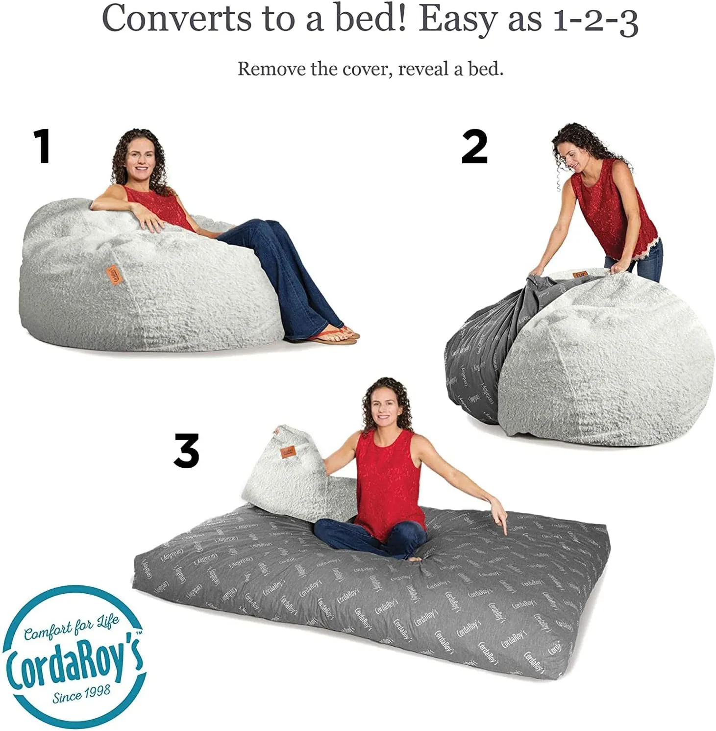 CordaRoy's Faux Fur Bean Bag-Convertible Bean Bag Chair & Bed-Machine-Washable Faux Fur Fabric Cover for Basement, Living Room, Game Room, Dorm & More - King Size - White | Made in The USA