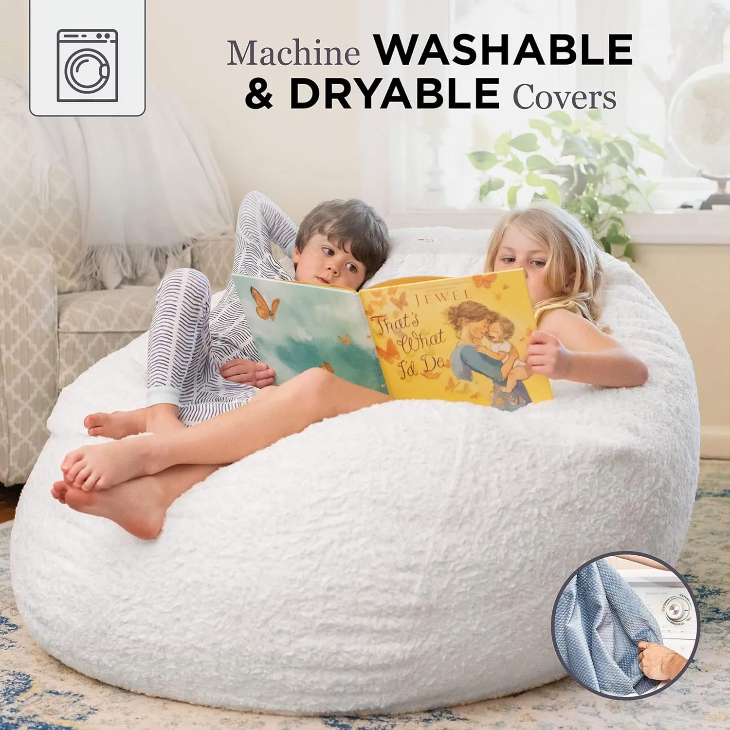 CordaRoy's Faux Fur Bean Bag-Convertible Bean Bag Chair & Bed-Machine-Washable Faux Fur Fabric Cover for Basement, Living Room, Game Room, Dorm & More - King Size - White | Made in The USA