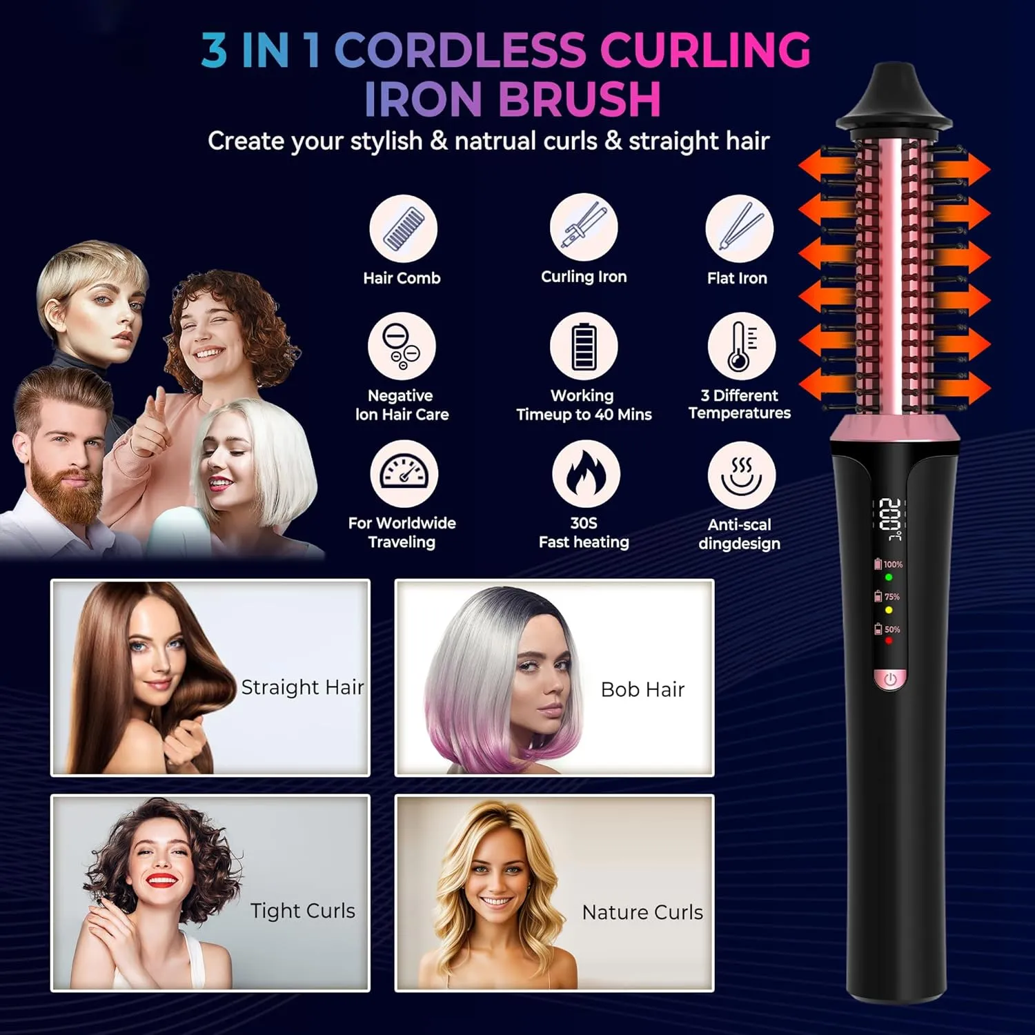 Cordless Curling Iron Rechargeable, 4000 mAh USB Thermal Brush with 3 Temp Setting Mini Travel Curling Iron, Ceramic Cordless Hair Curler, Battery Powered Curling Iron