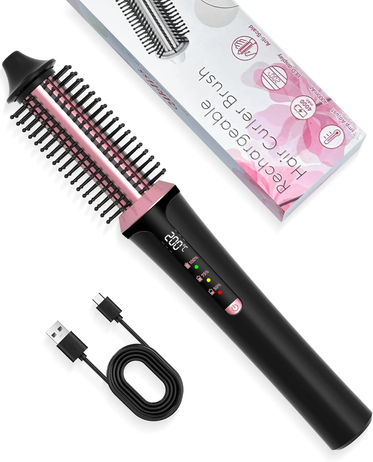 Cordless Curling Iron Rechargeable, 4000 mAh USB Thermal Brush with 3 Temp Setting Mini Travel Curling Iron, Ceramic Cordless Hair Curler, Battery Powered Curling Iron