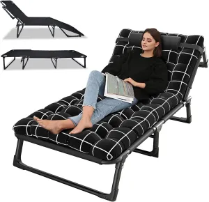 Cots for Sleeping with Mattress, Adjustable 4-Position Adults Folding Camping Cot with Pillow, Outdoor Lounge Chair, Sleeping Cots for Outside, Sunbathing, Camping, Pool, Beach, Patio Black