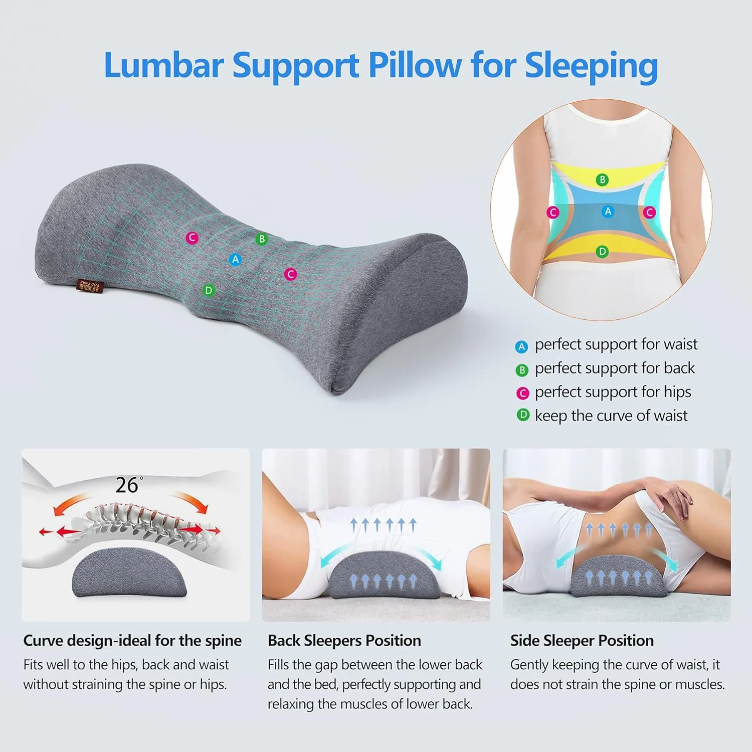 Cozyhealth Lumbar Support Pillow for Sleeping, Heated Lower Back Pillow with Graphene Heating for Lower Back Pain Relief, Memory Foam Mild Support Back Waist Cushion for Bed and Chair (Dark Grey)