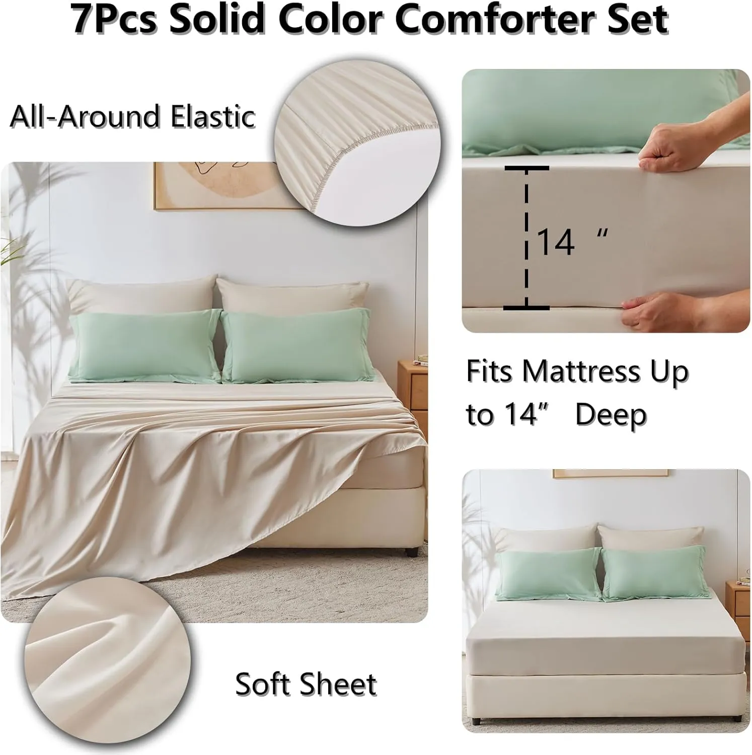 CozyLux Full Size Comforter Sets Sage Green 7 Pieces Full Bed in a Bag Bedding Set Contrasting Design with Comforter, Flat Sheets, Fitted Sheet, Pillowcases & Shams, Sage Green and Beige