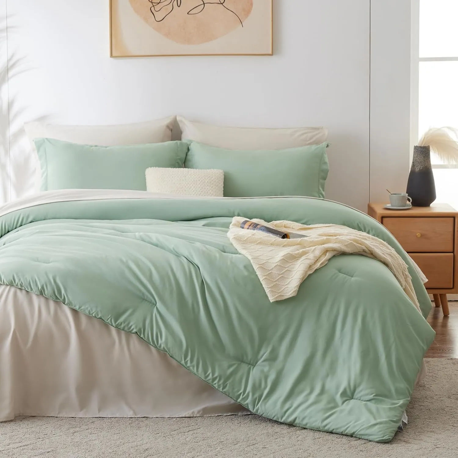 CozyLux Full Size Comforter Sets Sage Green 7 Pieces Full Bed in a Bag Bedding Set Contrasting Design with Comforter, Flat Sheets, Fitted Sheet, Pillowcases & Shams, Sage Green and Beige
